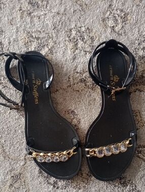 Black Ankle-Strap Jelly Sandals with Gold Chain and Crystal Detail